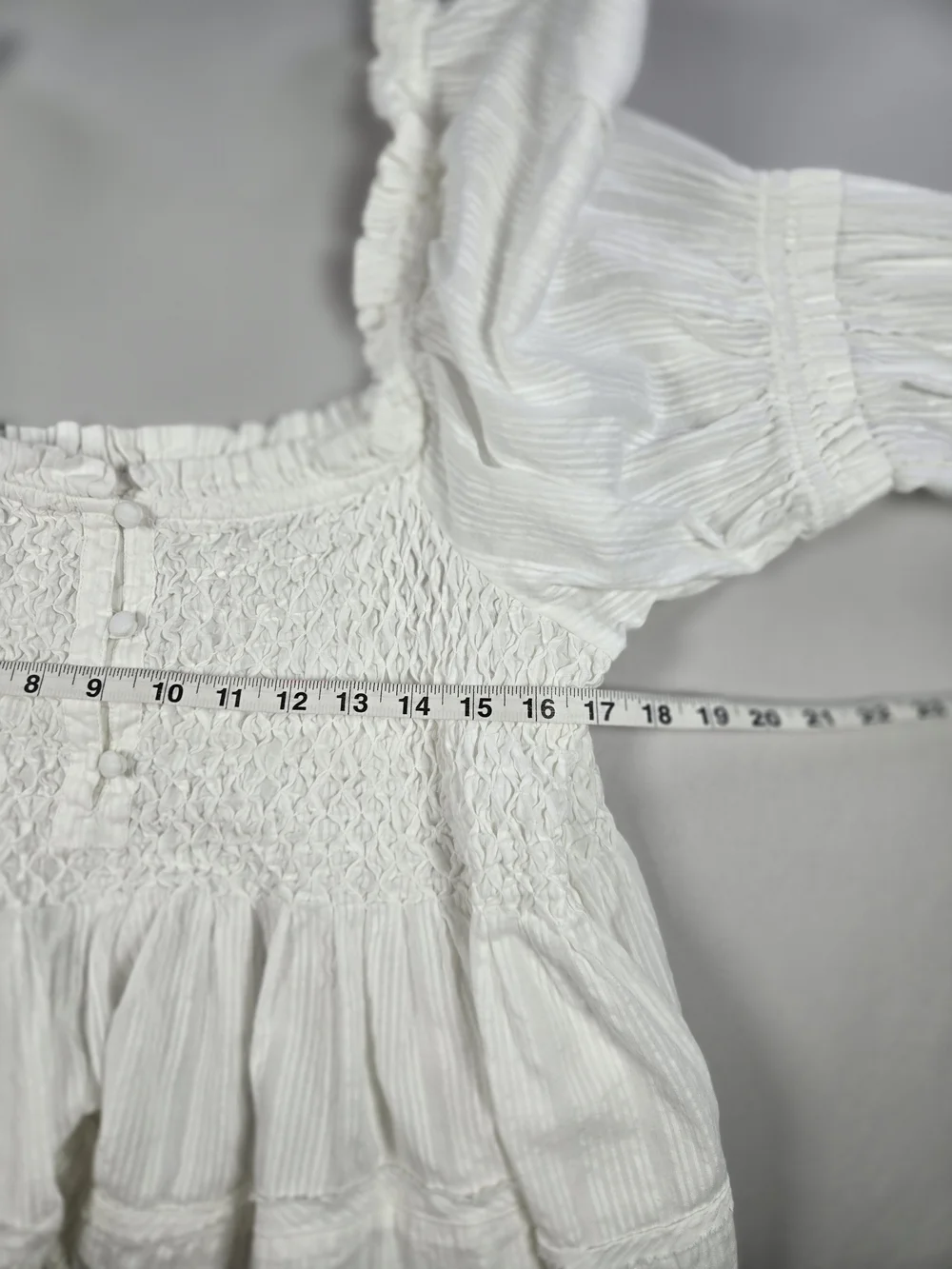 Anthropologie White Smocked Puff Sleeve Babydoll Blouse Peplum Top Gauze XL